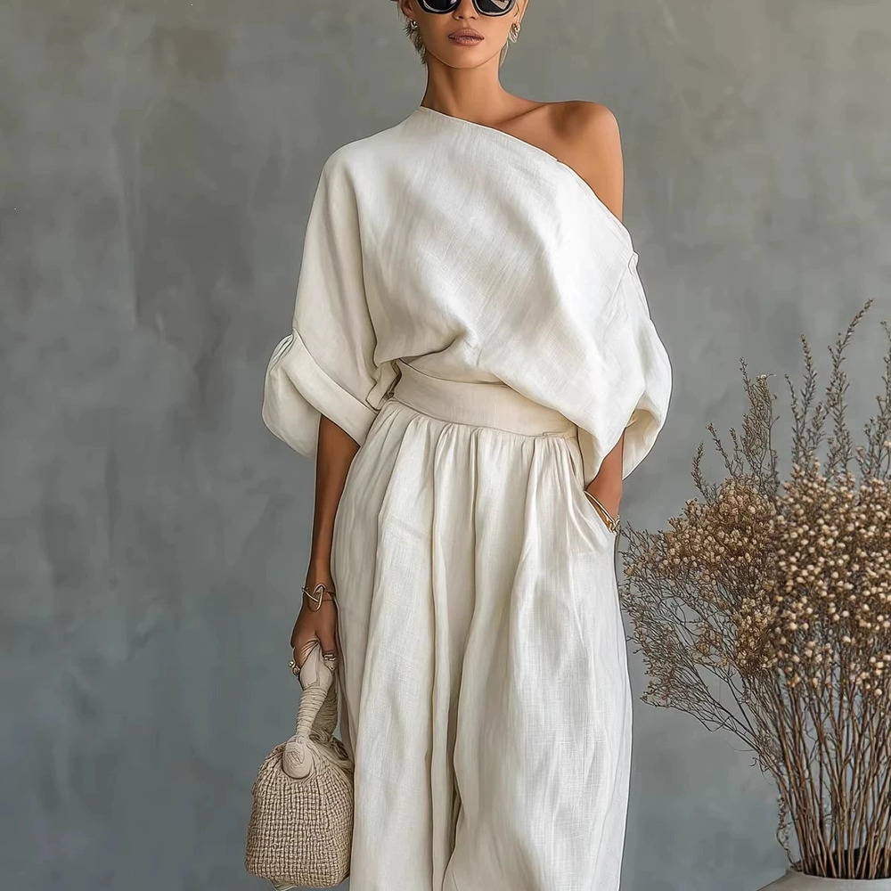 H&M Spring Solid Off Shoulder Pocket Two Piece Set Loose Casual